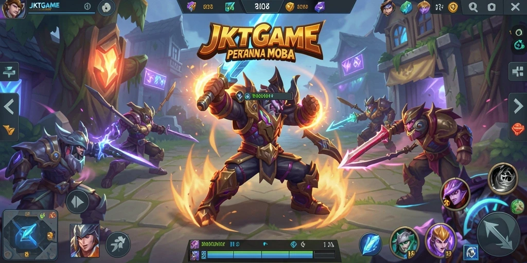 Screenshot utama JKTGAME menampilkan aksi pertarungan karakter MOBA.