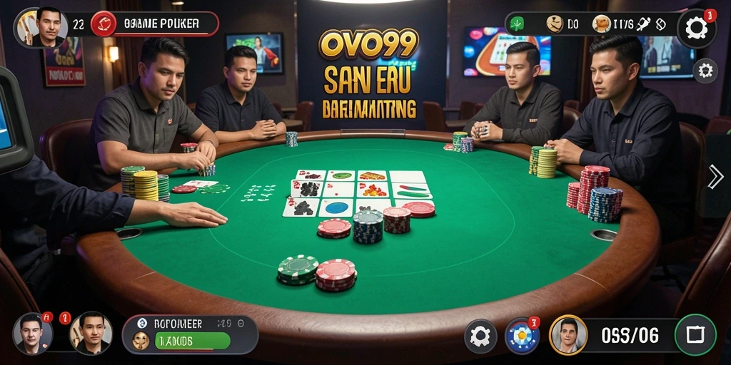 Tangkapan layar gameplay OVO99 menampilkan aksi Poker yang mendebarkan.