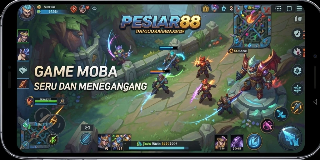 Screenshot PESIAR88 menampilkan aksi pertarungan MOBA yang intens.